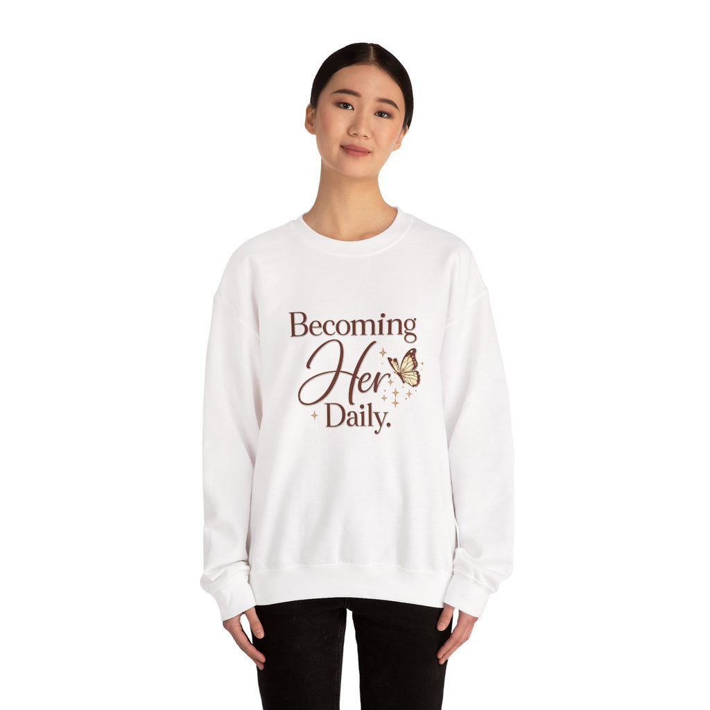 Unisex Becoming Her Daily Crewneck Sweatshirt — Inspirational Women’s Pullover with Butterfly