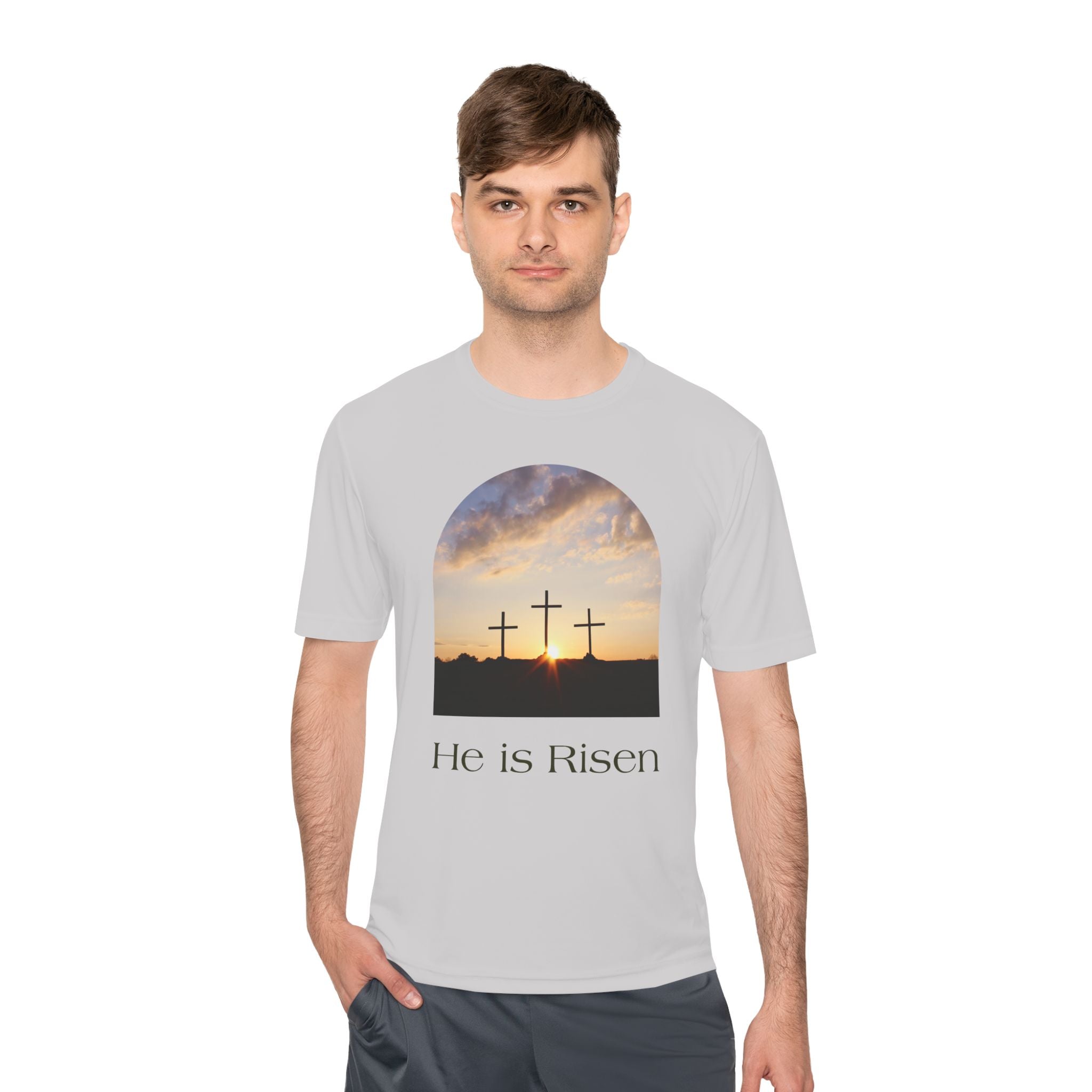 He Is Risen Tee — Christian Easter Cross Graphic T-Shirt