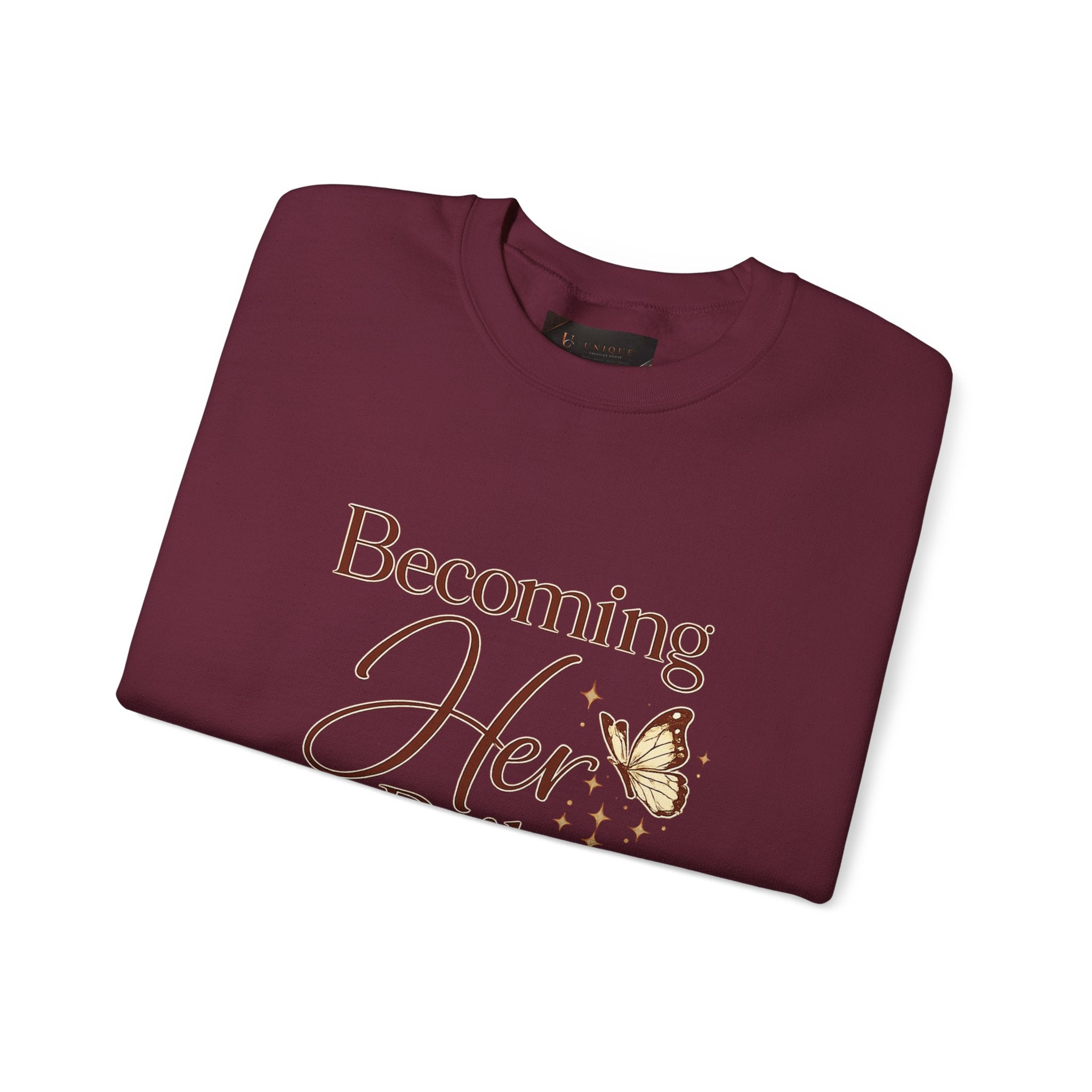 Unisex Becoming Her Daily Crewneck Sweatshirt — Inspirational Women’s Pullover with Butterfly
