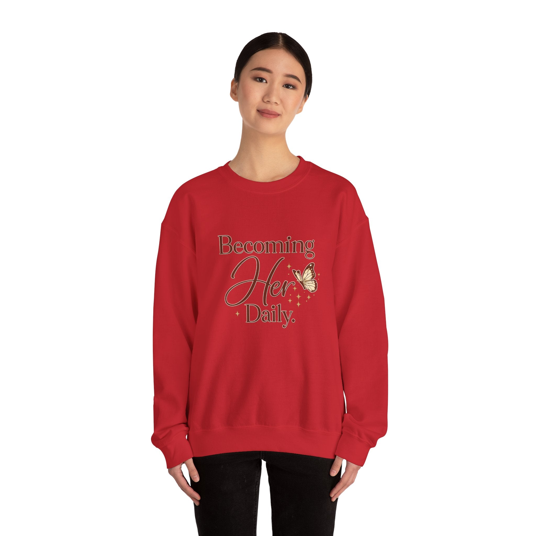 Unisex Becoming Her Daily Crewneck Sweatshirt — Inspirational Women’s Pullover with Butterfly