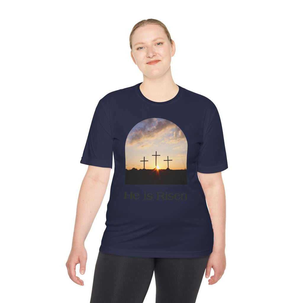 He Is Risen Tee — Christian Easter Cross Graphic T-Shirt