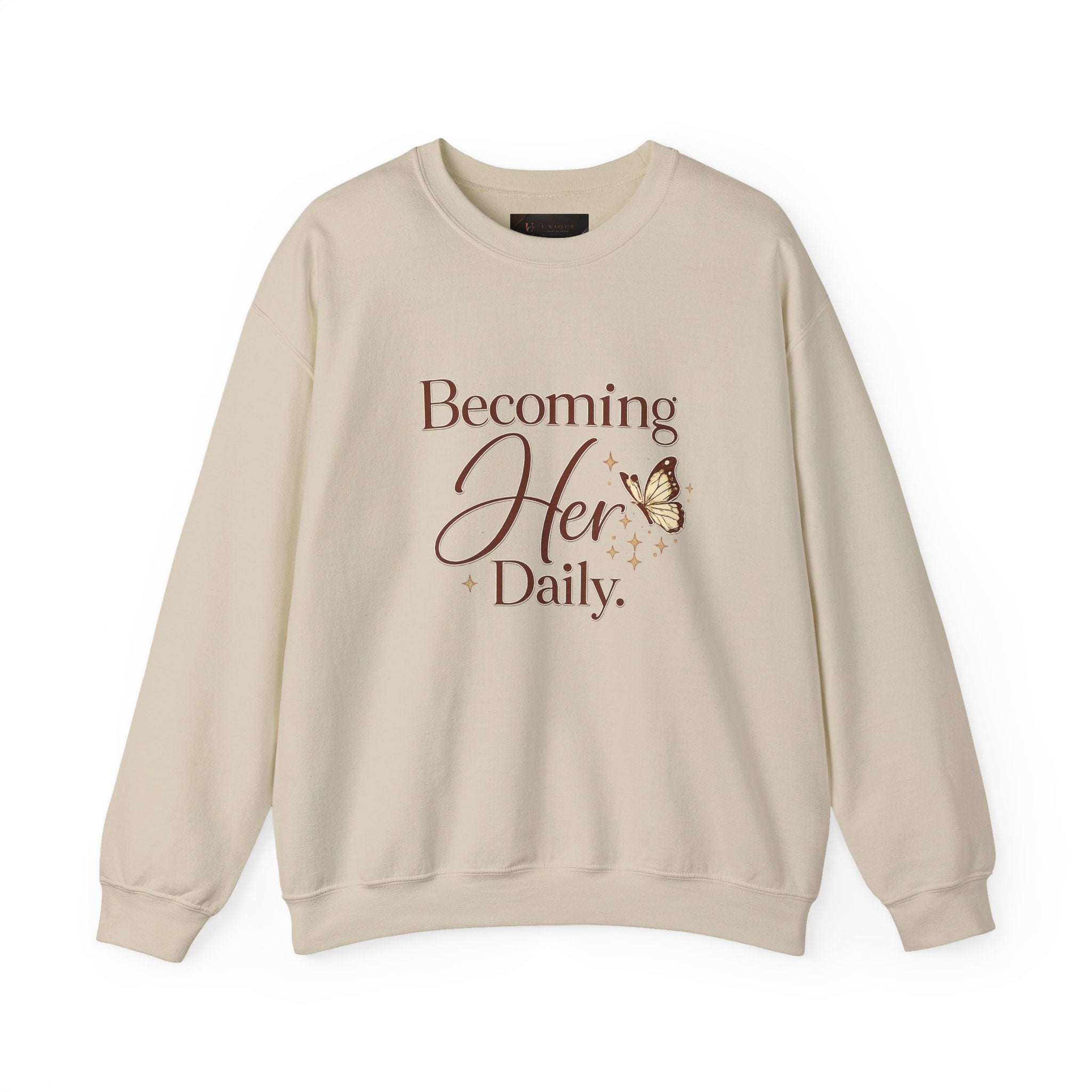 Unisex Becoming Her Daily Crewneck Sweatshirt — Inspirational Women’s Pullover with Butterfly