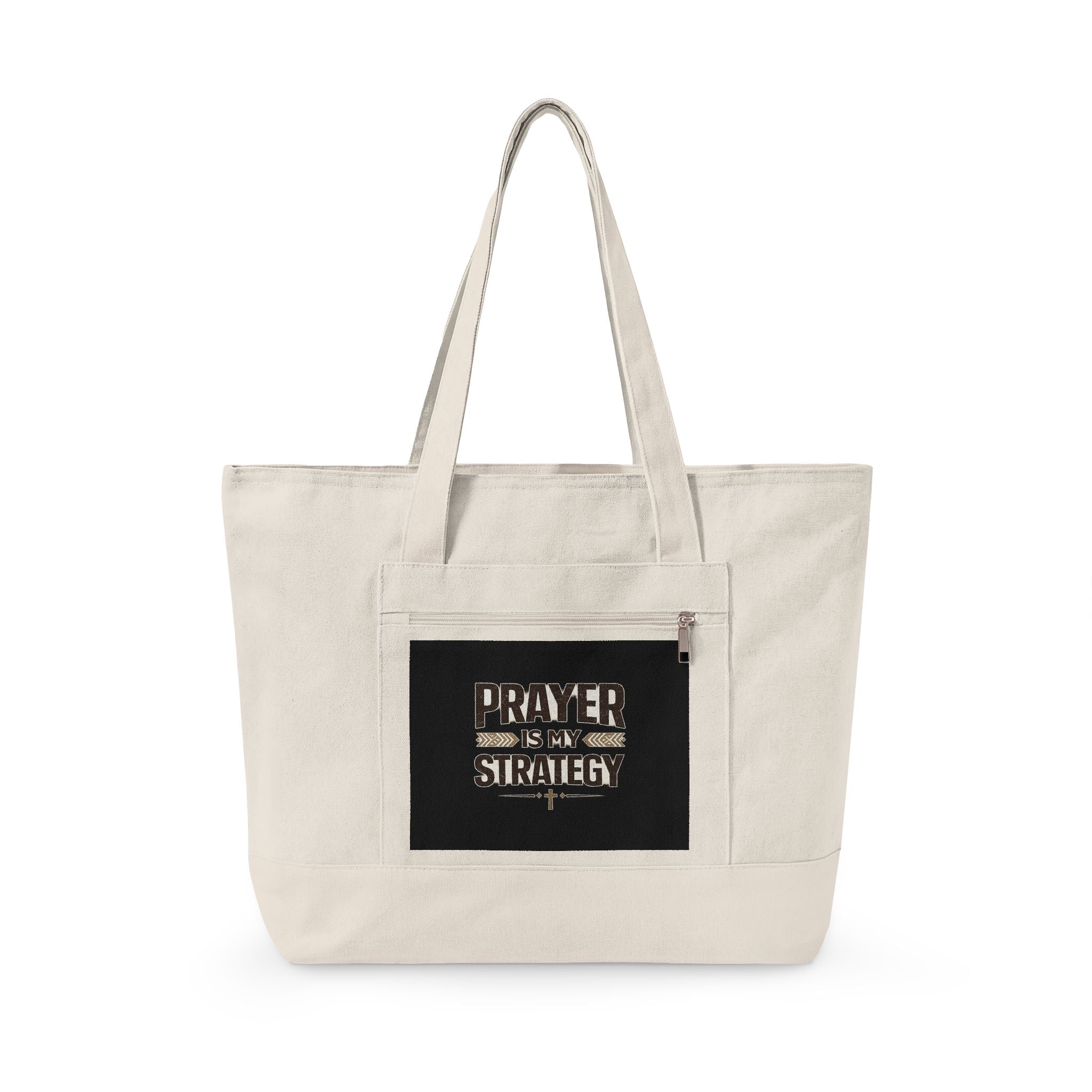 Prayer Strength Canvas Tote — Zippered Canvas Tote Bag with Inspirational Faith Design
