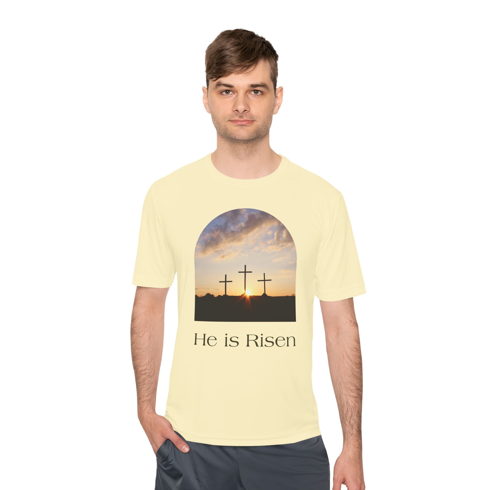 He Is Risen Tee — Christian Easter Cross Graphic T-Shirt