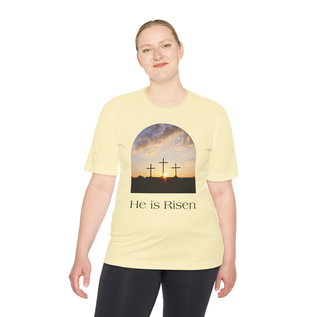 He Is Risen Tee — Christian Easter Cross Graphic T-Shirt